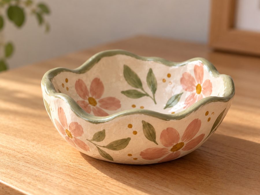 Un bol en argile aux bords ondulés, peint de fleurs roses et de feuilles