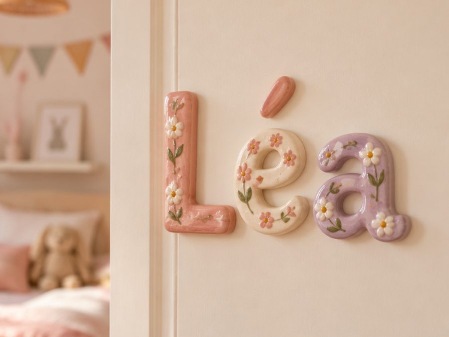 Le prénom Léa en lettres d'argile fleuries, sur une porte de chambre