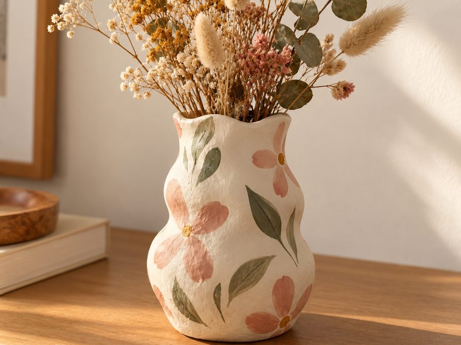Un petit vase en argile avec des fleurs séchées